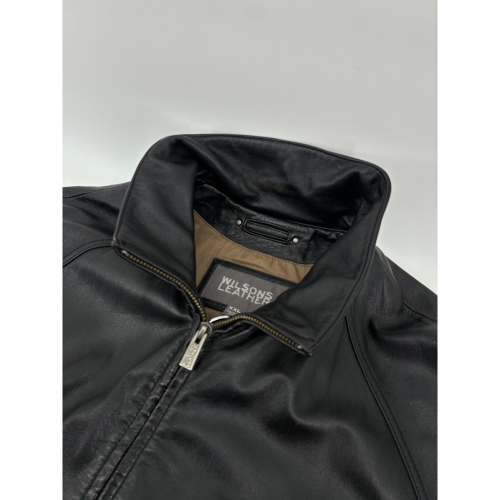 Wilsons Leather Mens XXL Black Genuine Leather Full Zip Bomber Jacket RN69426
